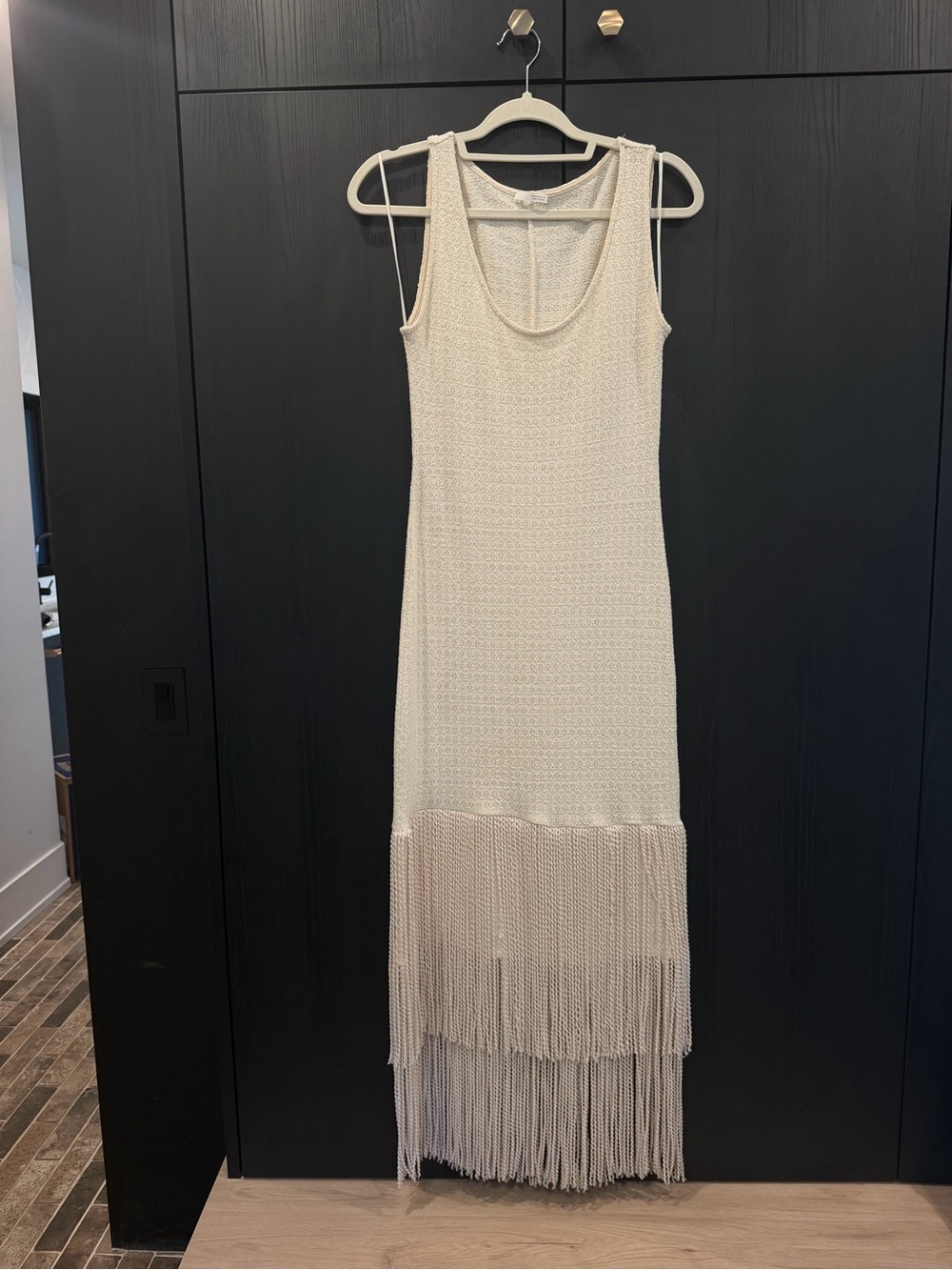 Zara Cream Knit Maxi Dress with Tiered Fringe Hem